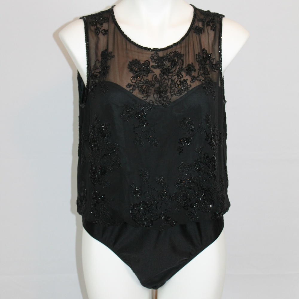 Oleg Cassini Black Tie Bodysuit Silk Beaded L